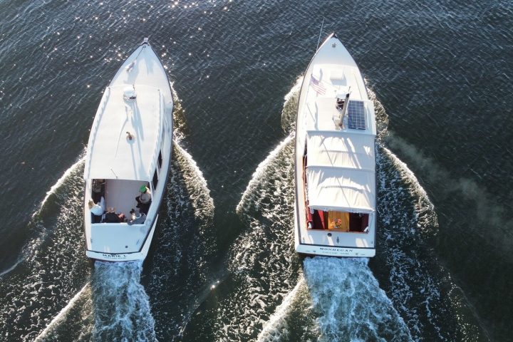 Monhegan and Marie L out on Casco Bay as viewed from drone